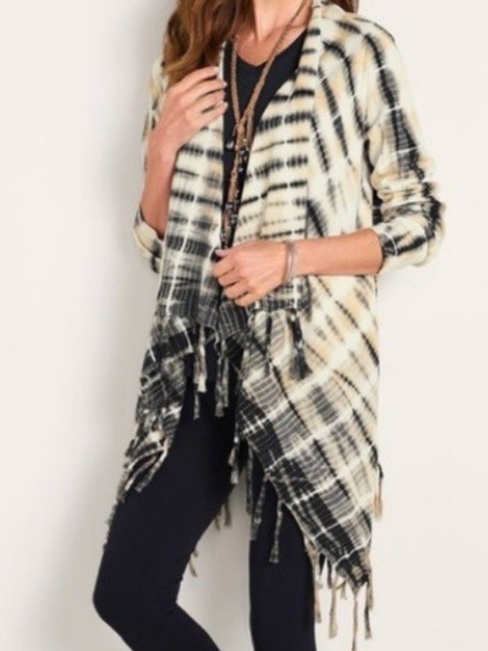 Soft Surroundings Black Brown Cream Tie Dye Fringe Open-Front Cardigan XL